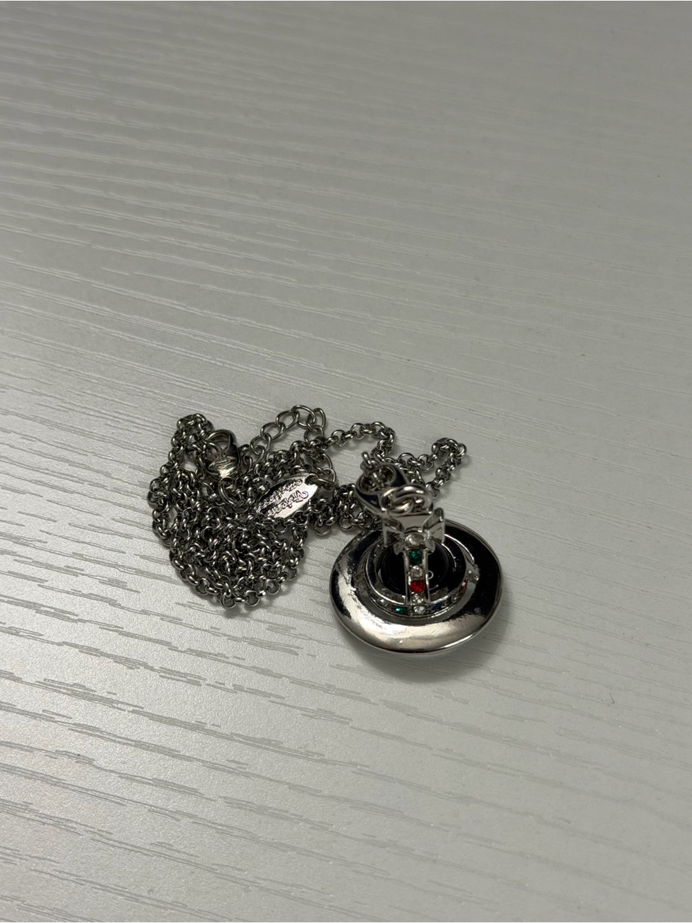 Vivienne Westwood Silver Orb Pendant Necklace with Black, Red and Green Accents